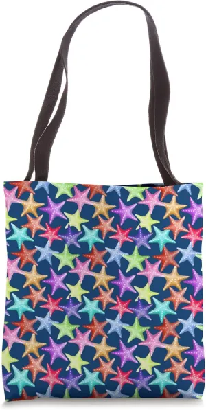 Multicolor Starfish Nautical Summer Beach on Blue Tote Bag