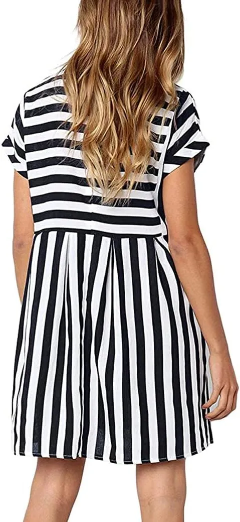 Naggoo Womens Summer Striped Short Sleeve T-Shirt Dresses Casual Swing Aline Dresses with Pocket