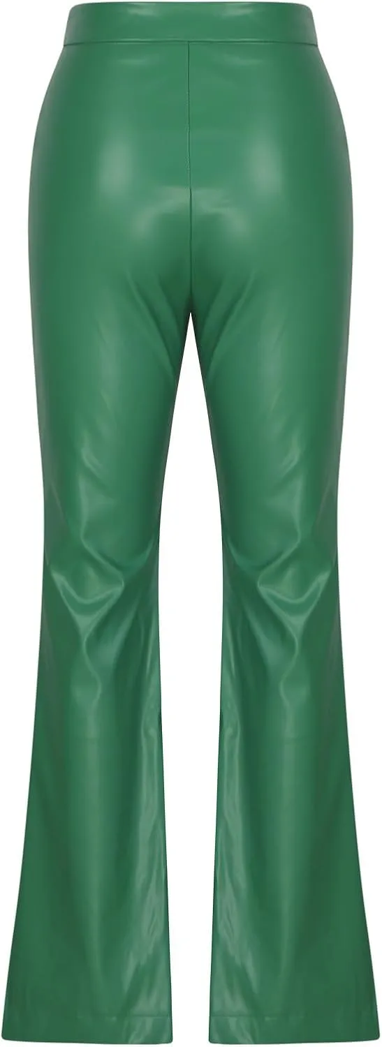 NATHGAM Womens Faux Leather Pants Lace Up Front Flare Pants High Waisted Straight Leg Bell Bottom PU Slim Leather Skinny Pant
