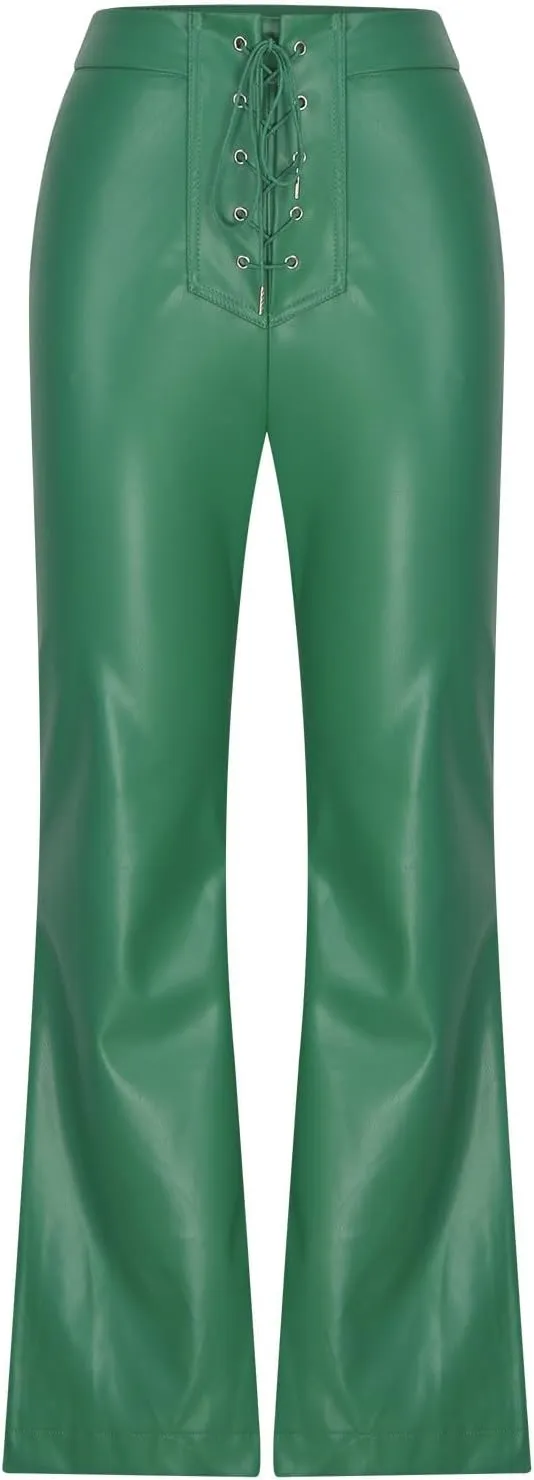 NATHGAM Womens Faux Leather Pants Lace Up Front Flare Pants High Waisted Straight Leg Bell Bottom PU Slim Leather Skinny Pant