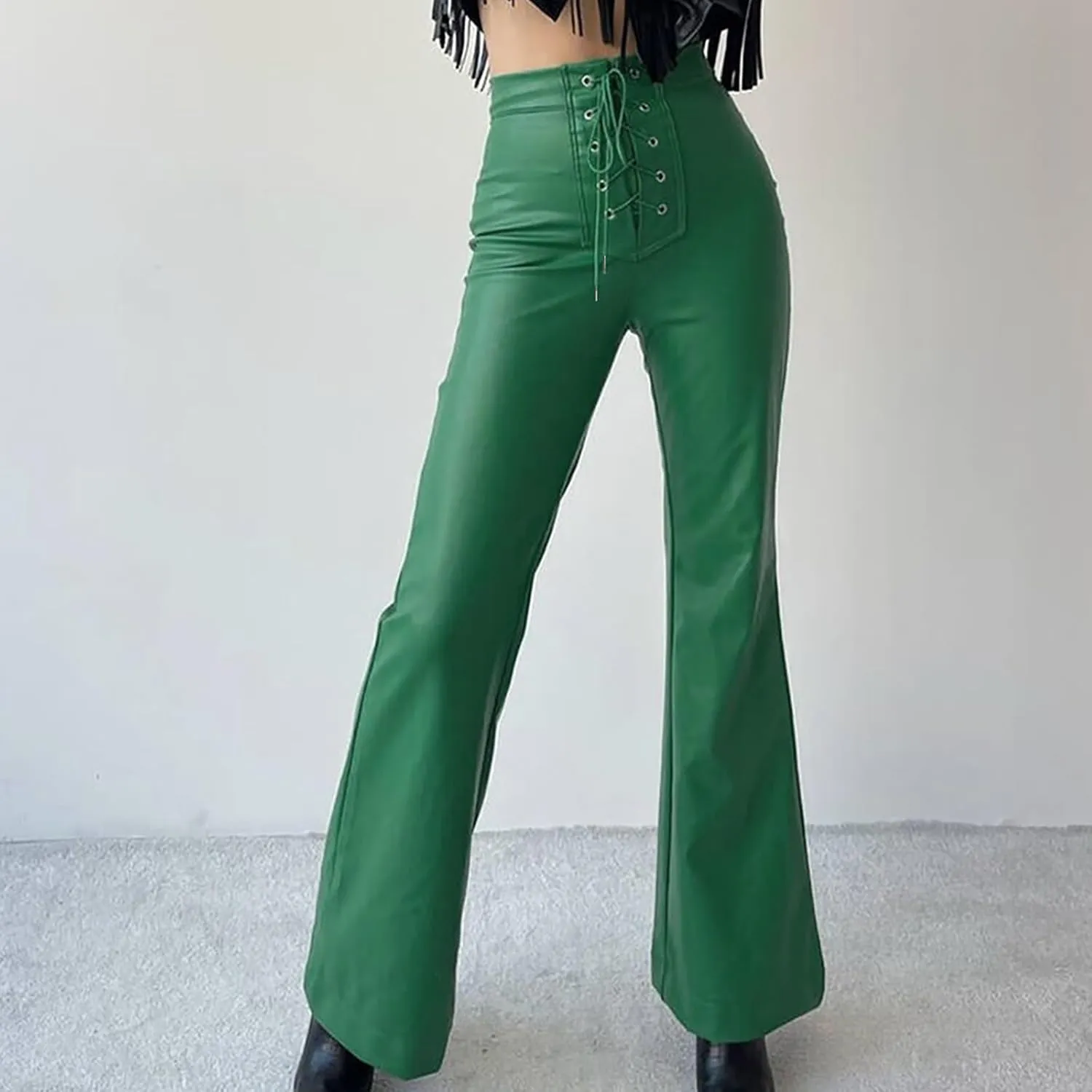 NATHGAM Womens Faux Leather Pants Lace Up Front Flare Pants High Waisted Straight Leg Bell Bottom PU Slim Leather Skinny Pant