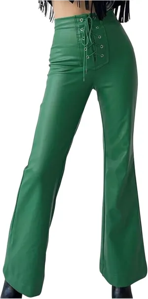 NATHGAM Womens Faux Leather Pants Lace Up Front Flare Pants High Waisted Straight Leg Bell Bottom PU Slim Leather Skinny Pant