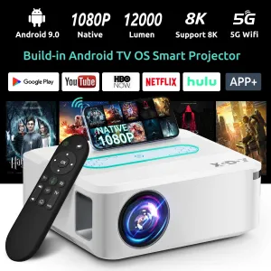 Native 1080P Projector, XGODY Portable Projector for Outdoor Movies Night,Home Theater Projector with Android 9.0,WiFi and Bluetooth Video Projector with Keystone Function Preinstall YouTube HBO