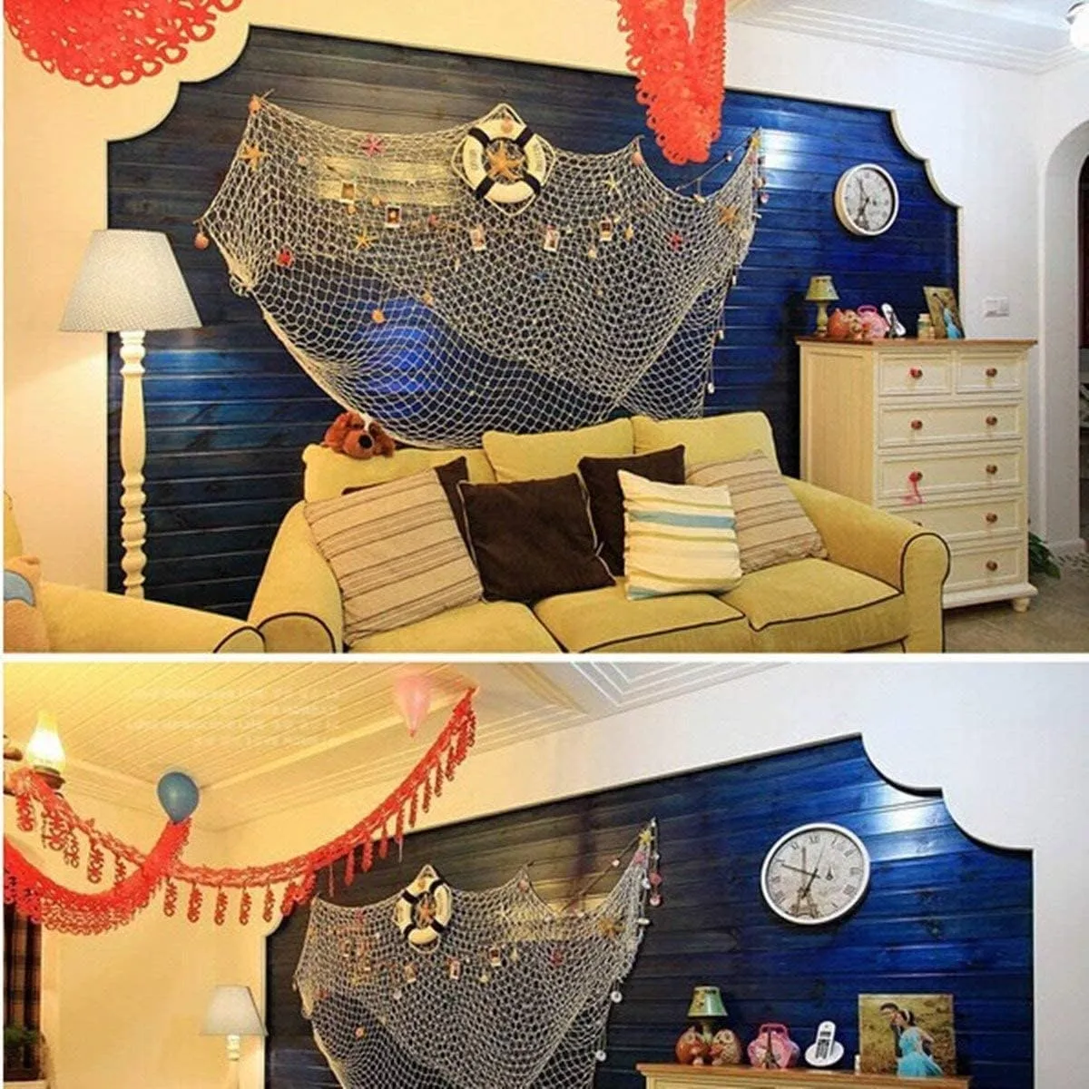Nature Fish Net Wall Decoration with Shells, Ocean Themed Wall Hangings Fishing Net Party Decor for Pirate Party,Wedding,Photographing Decoration (2pack Beige(no Shells))