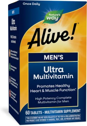 Nature's Way Alive! Men's Daily Ultra Multivitamin, High Potency Formula, Promotes Healthy Heart & Muscle Function*, with Methylated B12, Gluten Free, 60 Tablets (Packaging May Vary)