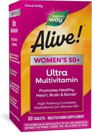 Nature’s Way Alive! Women’s 50  Ultra Potency Complete Multivitamin, High Potency Formula, Promotes Healthy Heart, Brain, Bones*, with Methylated B12, Gluten-Free, 60 Tablets (Packaging May Vary)