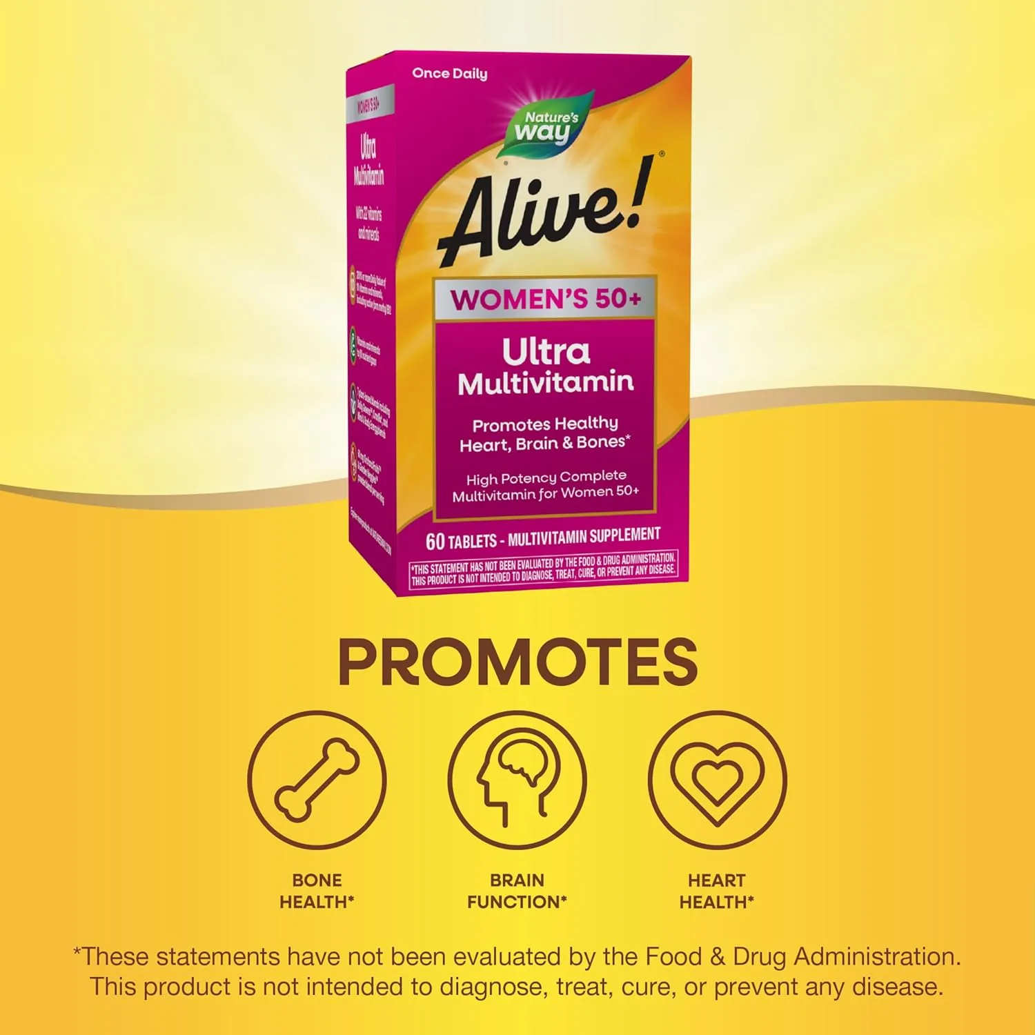 Nature’s Way Alive! Women’s 50  Ultra Potency Complete Multivitamin, High Potency Formula, Promotes Healthy Heart, Brain, Bones*, with Methylated B12, Gluten-Free, 60 Tablets (Packaging May Vary)