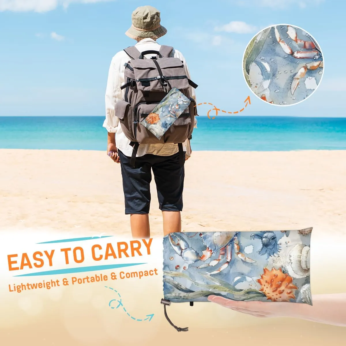 Nautical Coastal Beach Blanket, Sandproof Beach Mat, Adults Waterproof Quick Drying Sand Free Mat with 4 x Ground Spikes for Outdoor Travel Camping Hiking, Crab Starfish Seashell