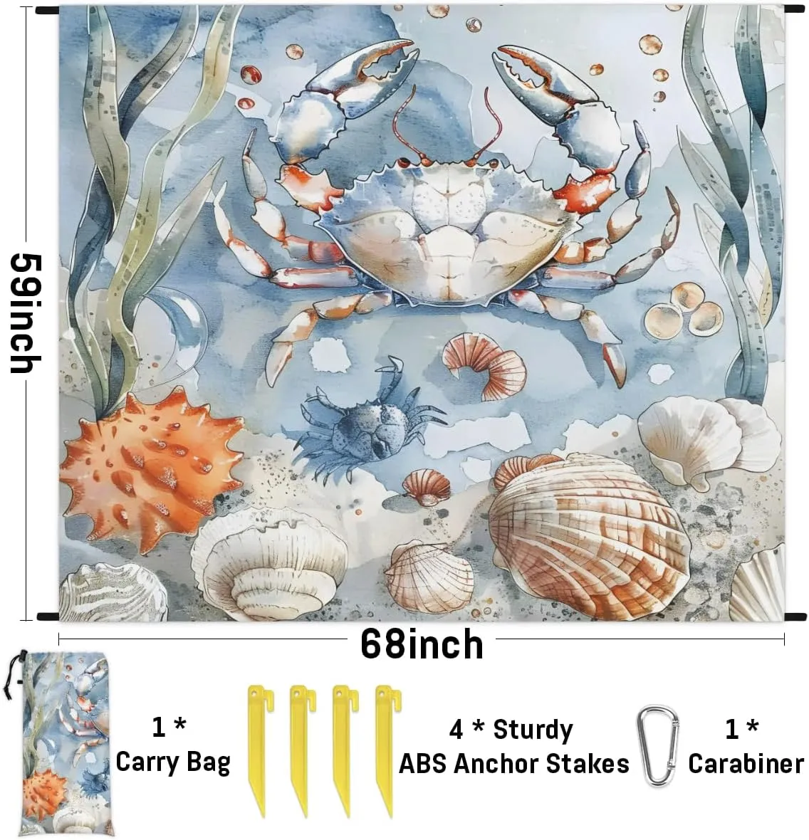 Nautical Coastal Beach Blanket, Sandproof Beach Mat, Adults Waterproof Quick Drying Sand Free Mat with 4 x Ground Spikes for Outdoor Travel Camping Hiking, Crab Starfish Seashell