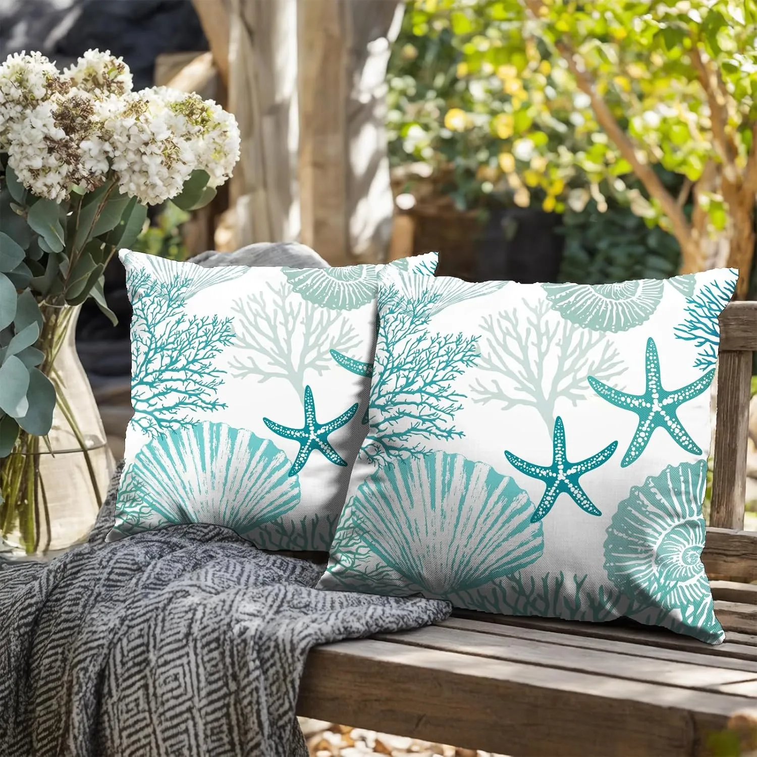 Nautical Coastal Blue Throw Pillow Covers 18x18 Set of 2 Summer Turquoise Teal Beach Outdoor Pillow Cover Coral Seashell Starfish Ocean Decorative Pillow Cases for Living Room Couch Sofa