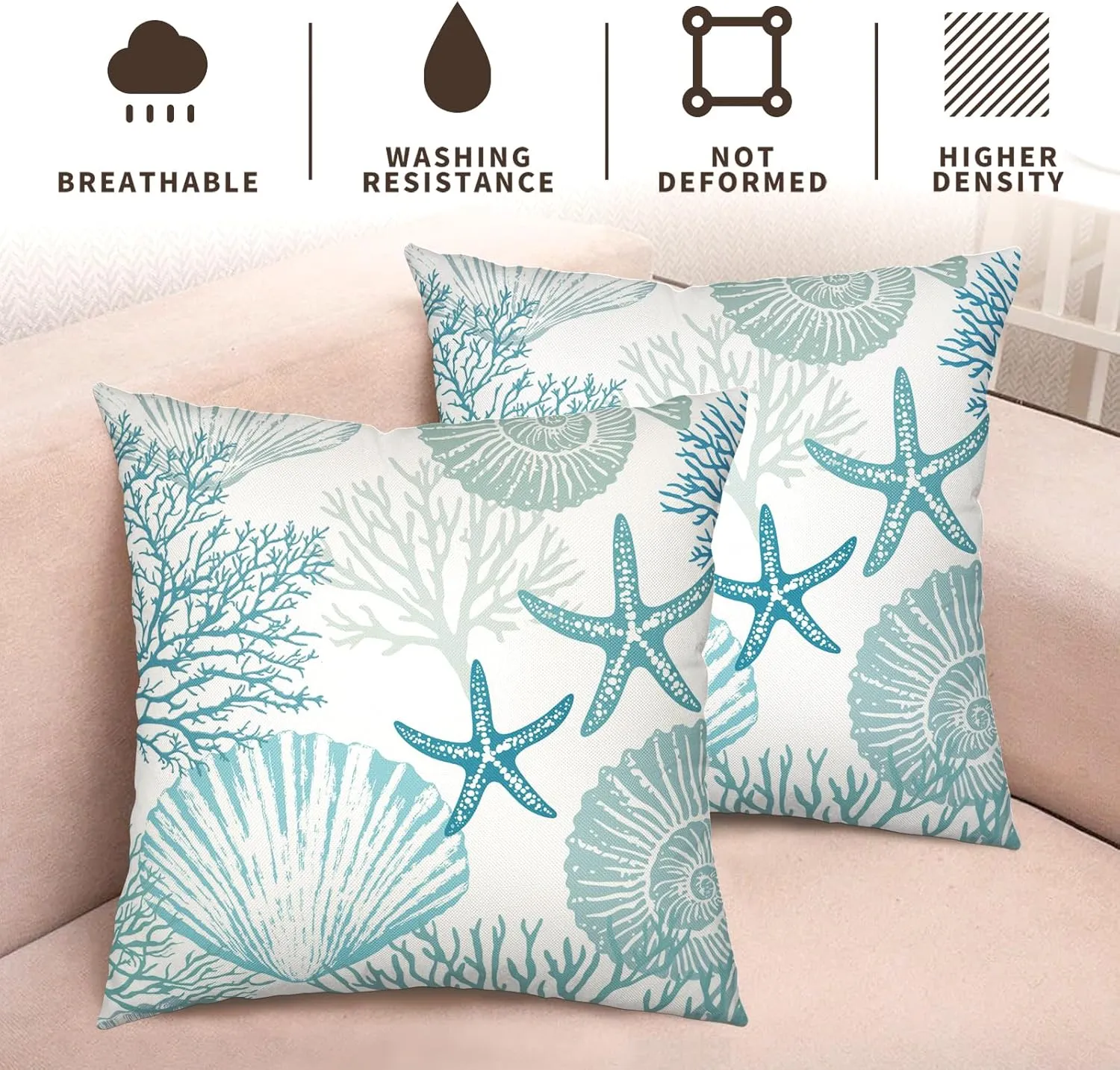 Nautical Coastal Blue Throw Pillow Covers 18x18 Set of 2 Summer Turquoise Teal Beach Outdoor Pillow Cover Coral Seashell Starfish Ocean Decorative Pillow Cases for Living Room Couch Sofa