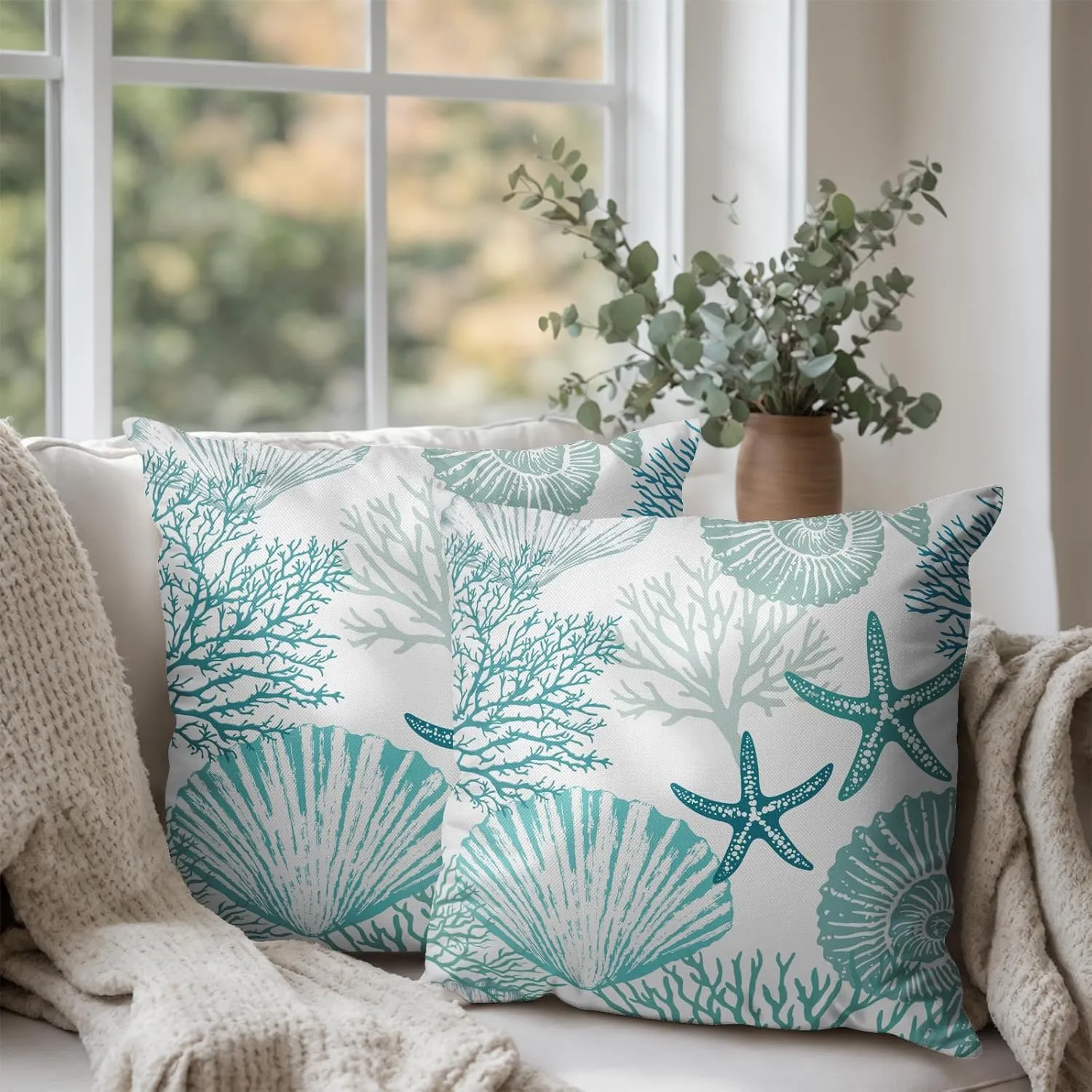 Nautical Coastal Blue Throw Pillow Covers 18x18 Set of 2 Summer Turquoise Teal Beach Outdoor Pillow Cover Coral Seashell Starfish Ocean Decorative Pillow Cases for Living Room Couch Sofa