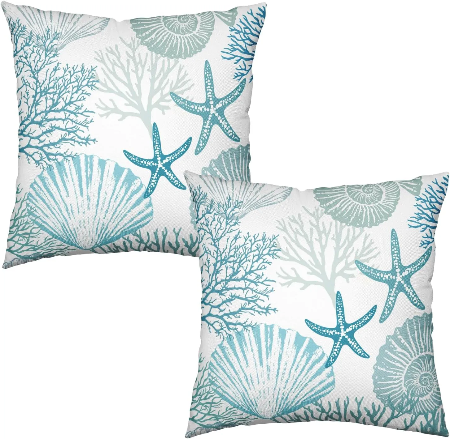 Nautical Coastal Blue Throw Pillow Covers 18x18 Set of 2 Summer Turquoise Teal Beach Outdoor Pillow Cover Coral Seashell Starfish Ocean Decorative Pillow Cases for Living Room Couch Sofa