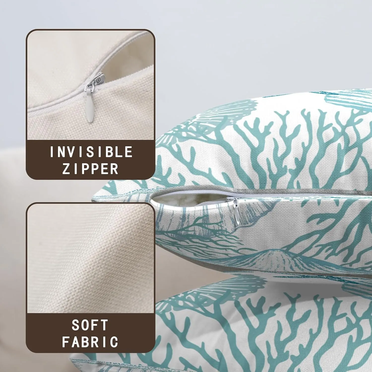 Nautical Coastal Blue Throw Pillow Covers 18x18 Set of 2 Summer Turquoise Teal Beach Outdoor Pillow Cover Coral Seashell Starfish Ocean Decorative Pillow Cases for Living Room Couch Sofa