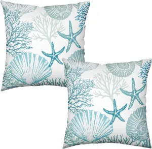 Nautical Coastal Blue Throw Pillow Covers 18x18 Set of 2 Summer Turquoise Teal Beach Outdoor Pillow Cover Coral Seashell Starfish Ocean Decorative Pillow Cases for Living Room Couch Sofa
