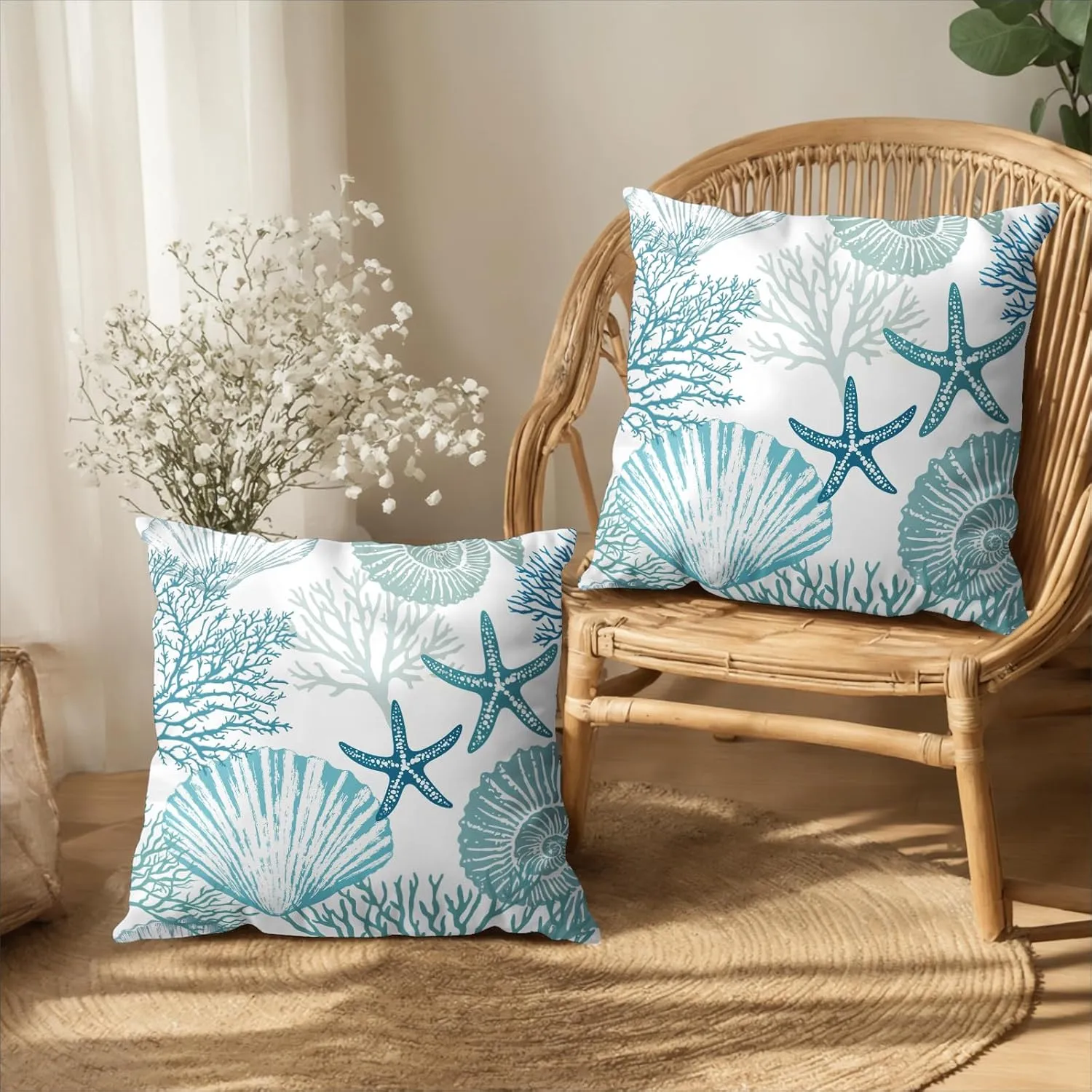 Nautical Coastal Blue Throw Pillow Covers 18x18 Set of 2 Summer Turquoise Teal Beach Outdoor Pillow Cover Coral Seashell Starfish Ocean Decorative Pillow Cases for Living Room Couch Sofa