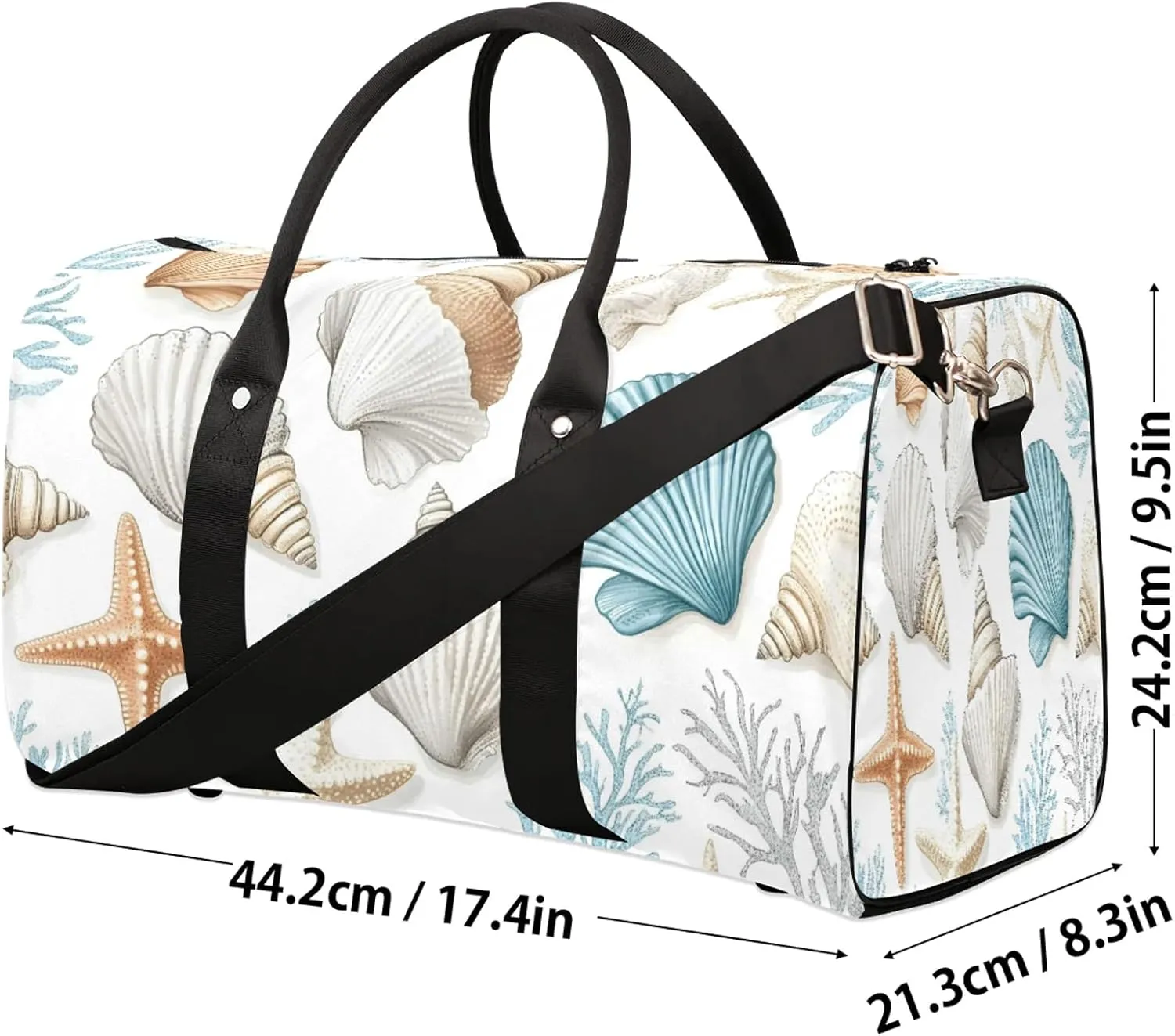Nautical Coastal Duffle Bag for Travel, Overnight Weekend Gym Carry On Luggage Bag, Curtain Starfish Seashell Coral Travel Duffel Bag for Men Women