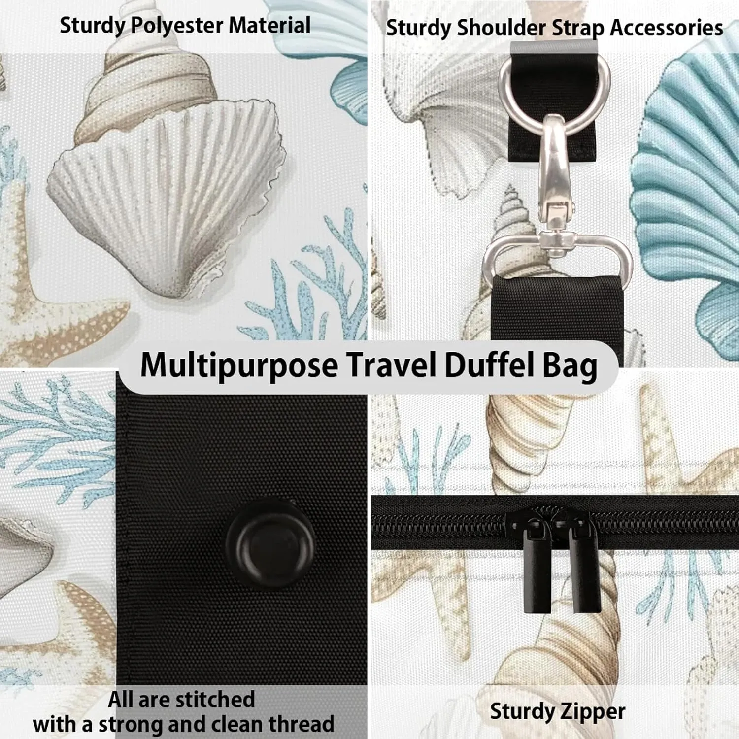 Nautical Coastal Duffle Bag for Travel, Overnight Weekend Gym Carry On Luggage Bag, Curtain Starfish Seashell Coral Travel Duffel Bag for Men Women