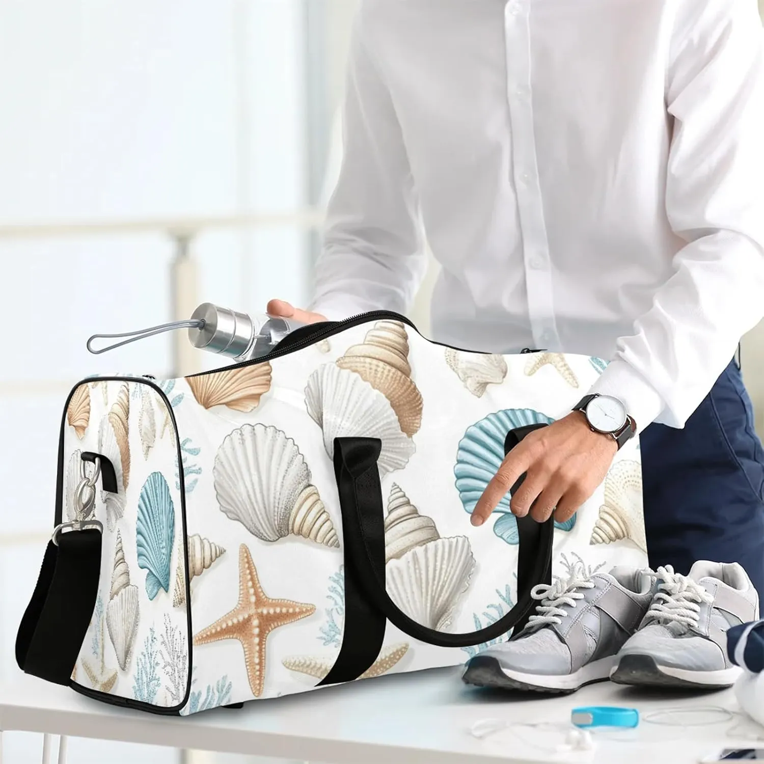 Nautical Coastal Duffle Bag for Travel, Overnight Weekend Gym Carry On Luggage Bag, Curtain Starfish Seashell Coral Travel Duffel Bag for Men Women
