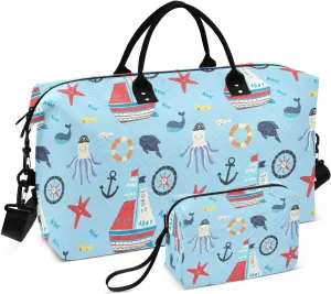 Nautical Octopus Starfish Sports Gym Bag for Women Men Travel Duffel Bag Weekend Overnight Carry on Bag with Toiletry Bag Training Handbag for Hospital Plane Swimming Yoga Workout