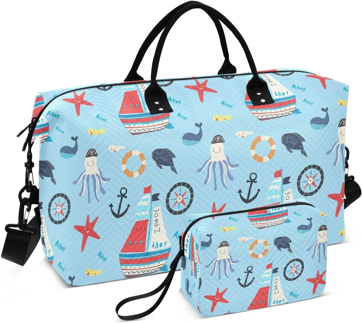 Nautical Octopus Starfish Sports Gym Bag for Women Men Travel Duffel Bag Weekend Overnight Carry on Bag with Toiletry Bag Training Handbag for Hospital Plane Swimming Yoga Workout