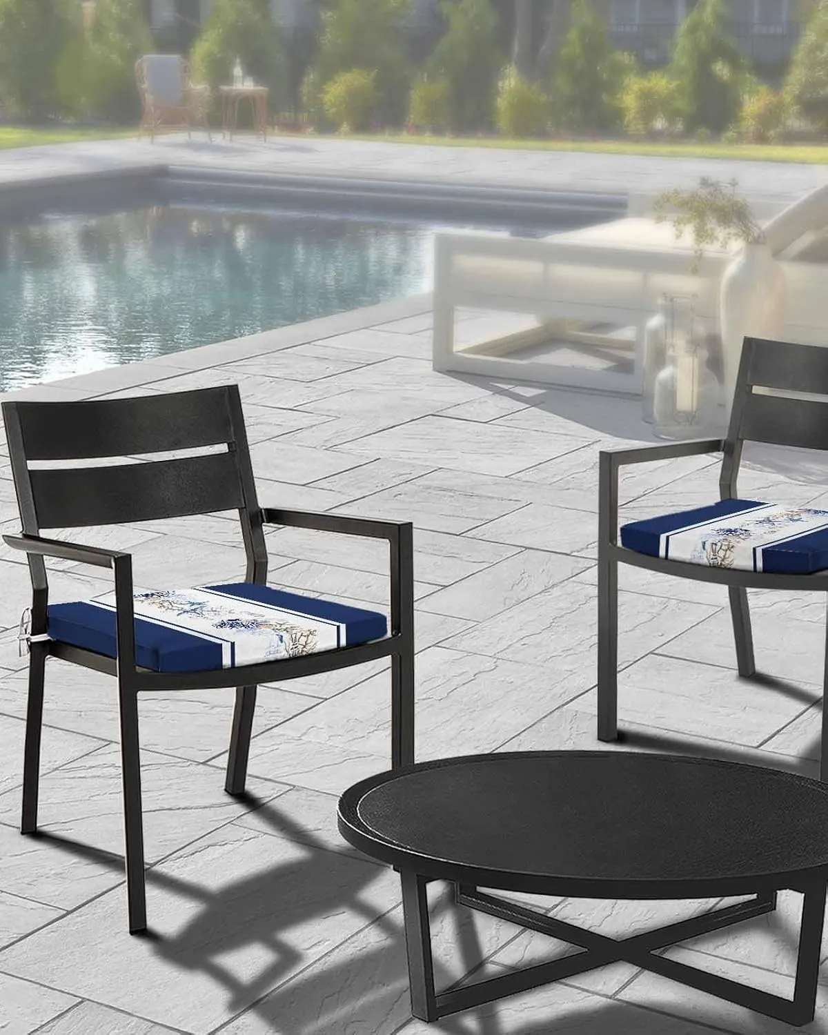 Navy Blue Coastal Outdoor Cushion Chair Cover Set of 4 - Waterproof Couch Seat Covers, Summer Beach Starfish Coral Striped Patio Furniture Protector Cushions Slipcovers for Sofa/RV, 20"x18"x4"