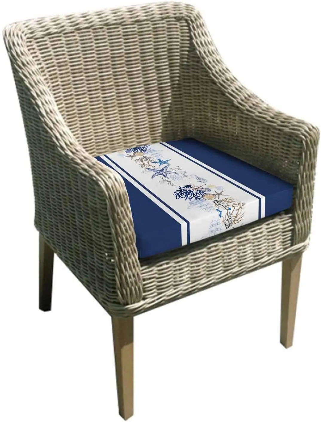 Navy Blue Coastal Outdoor Cushion Chair Cover Set of 4 - Waterproof Couch Seat Covers, Summer Beach Starfish Coral Striped Patio Furniture Protector Cushions Slipcovers for Sofa/RV, 20"x18"x4"