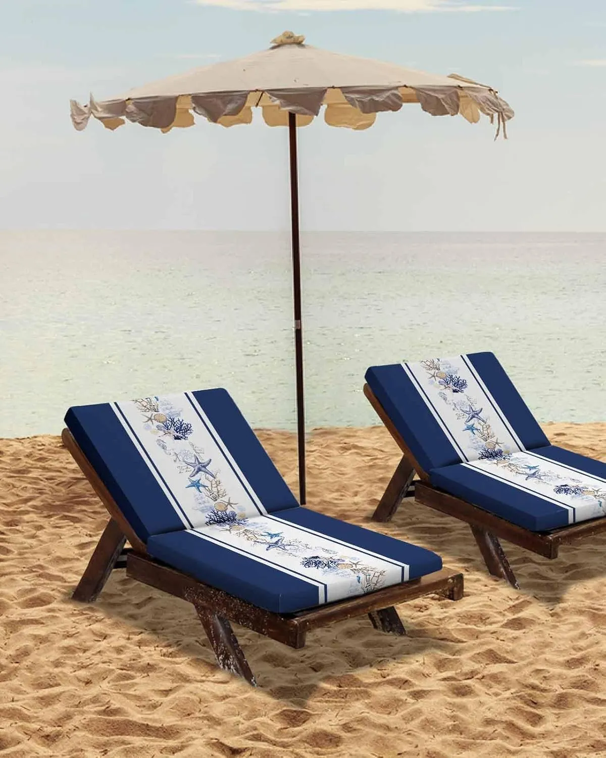 Navy Blue Coastal Outdoor Cushion Chair Cover Set of 4 - Waterproof Couch Seat Covers, Summer Beach Starfish Coral Striped Patio Furniture Protector Cushions Slipcovers for Sofa/RV, 20"x18"x4"