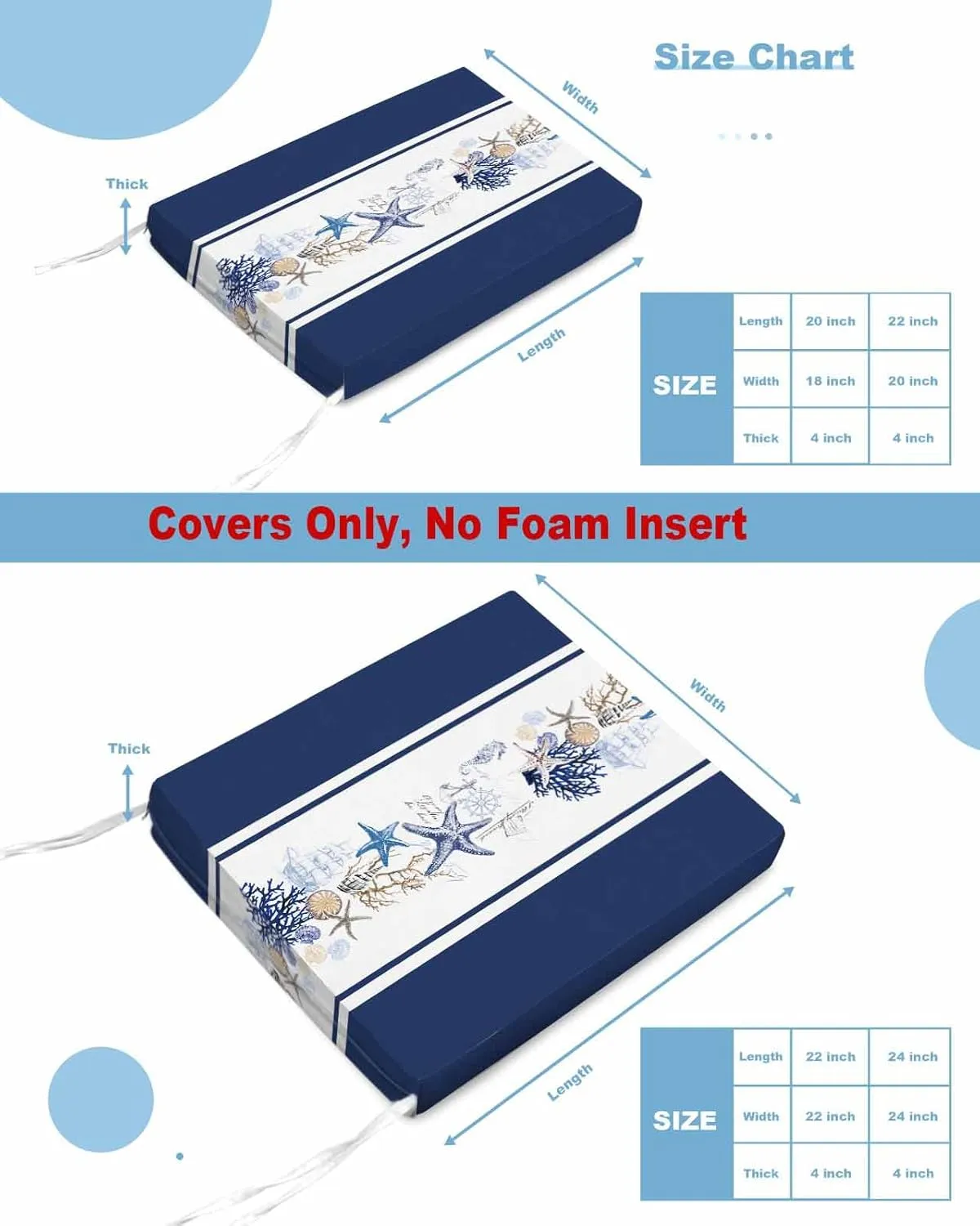 Navy Blue Coastal Outdoor Cushion Chair Cover Set of 4 - Waterproof Couch Seat Covers, Summer Beach Starfish Coral Striped Patio Furniture Protector Cushions Slipcovers for Sofa/RV, 20"x18"x4"