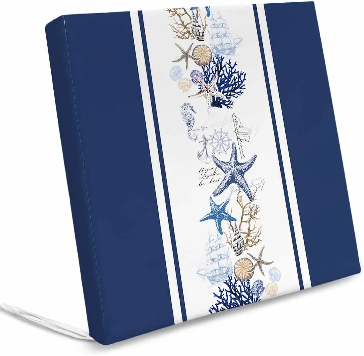 Navy Blue Coastal Outdoor Cushion Chair Cover Set of 4 - Waterproof Couch Seat Covers, Summer Beach Starfish Coral Striped Patio Furniture Protector Cushions Slipcovers for Sofa/RV, 20"x18"x4"