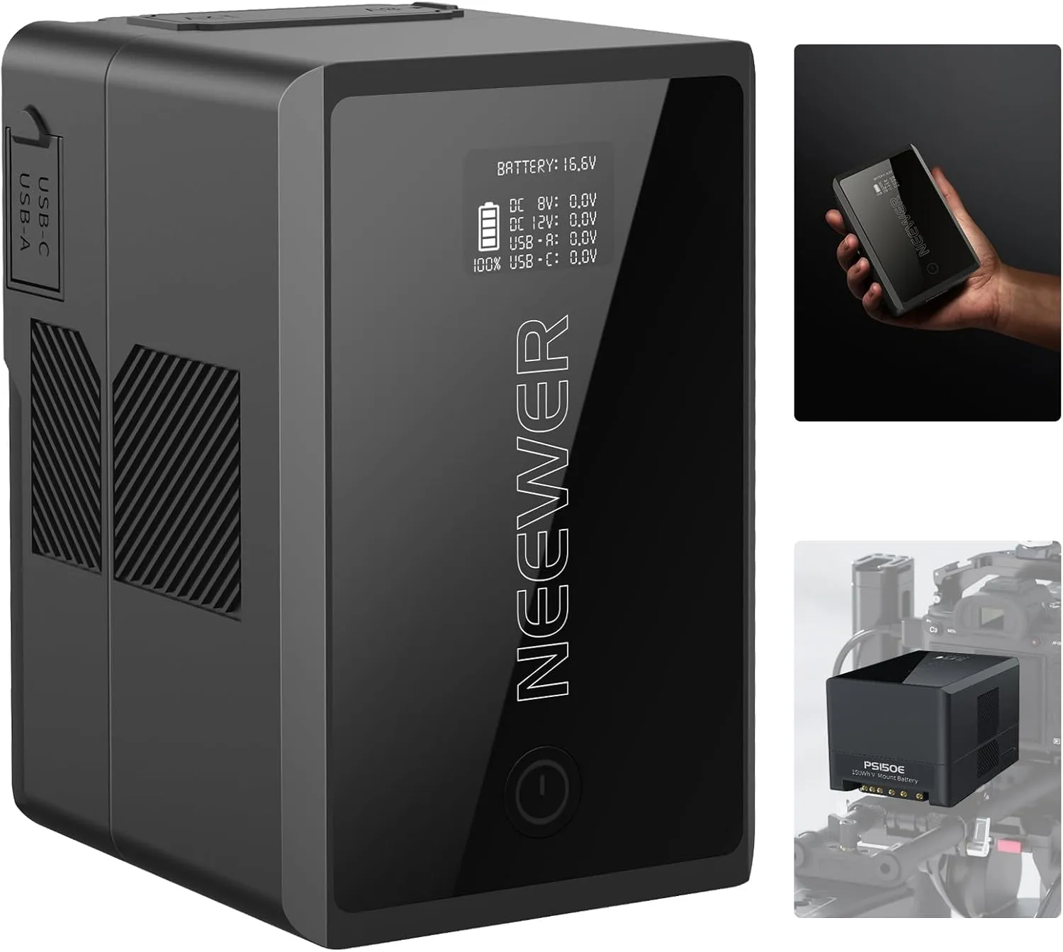 Neewer V Mount Battery PS150E Supports 100W PD USB C Fast Charging, 10350mAh 150Wh 14.54V, with D Tap/USB C/USB A/BP/Dual DC Ports/OLED Screen, V Lock Battery for Camera Camcorder Monitor Video Light