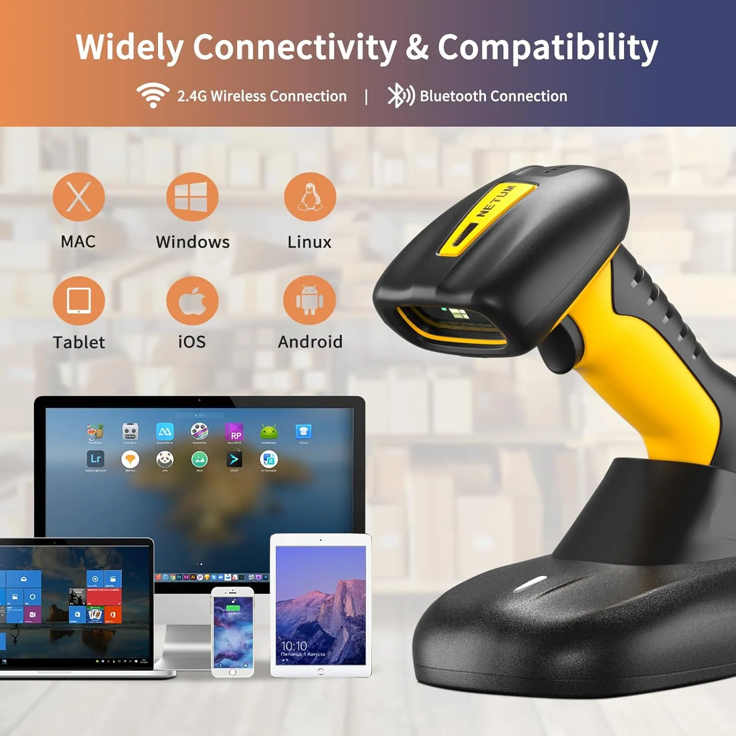 NETUM NT-1203L Pro Upgraded Wireless Bluetooth Rugged Waterproof 1D/2D Extended Range Scanner - Up to 21m