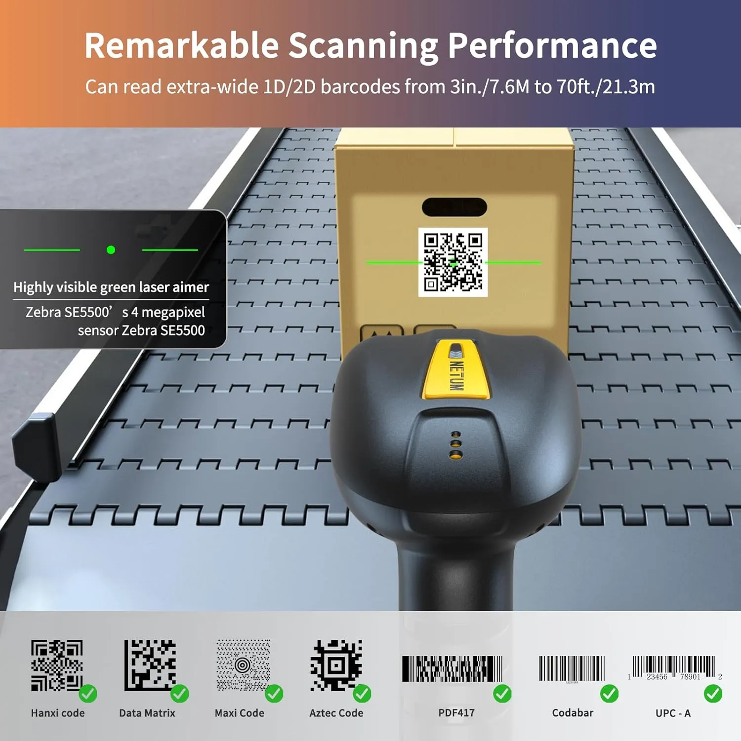 NETUM NT-1203L Pro Upgraded Wireless Bluetooth Rugged Waterproof 1D/2D Extended Range Scanner - Up to 21m
