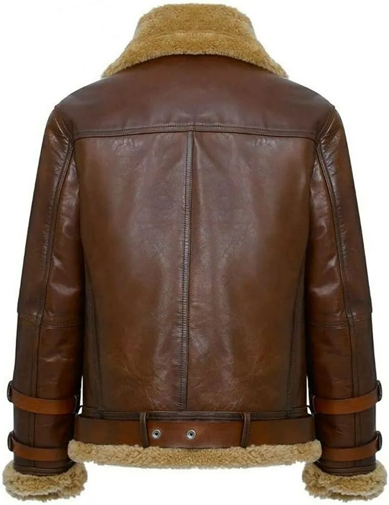 New Men Arrival B-3 Brown Bomber Aviator Real Shearling with Hoodie Winter Leather Jacket