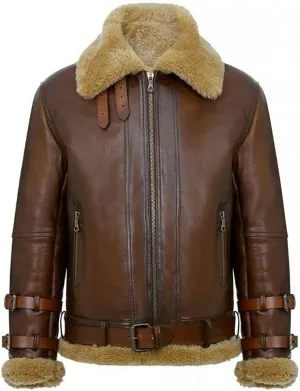 New Men Arrival B-3 Brown Bomber Aviator Real Shearling with Hoodie Winter Leather Jacket