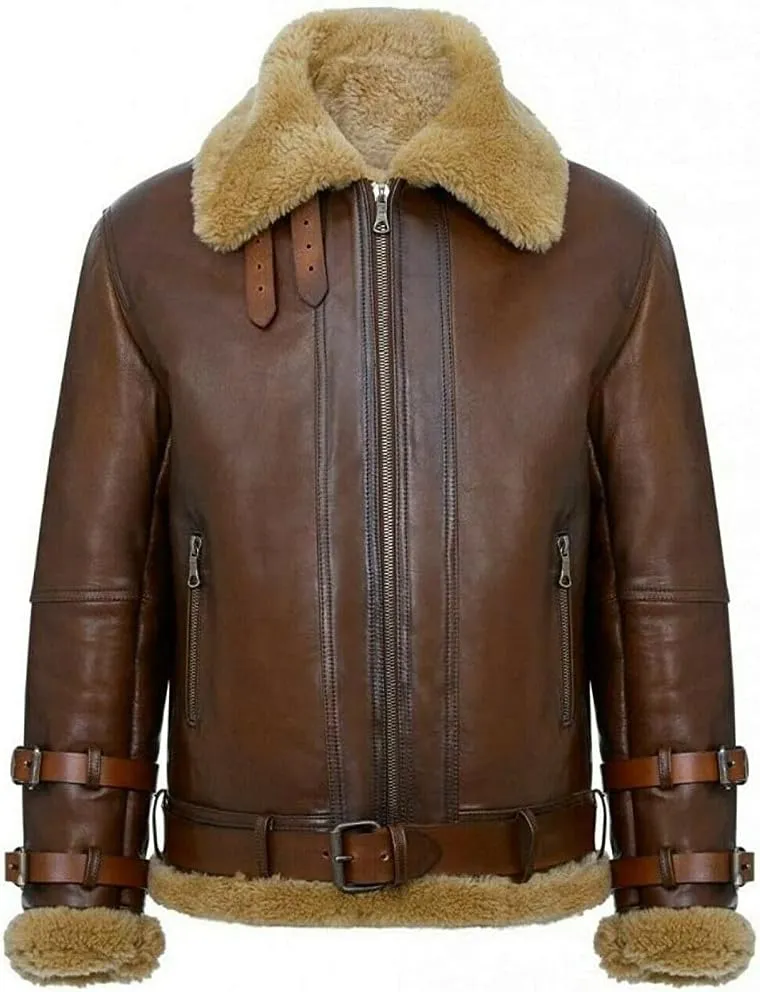 New Men Arrival B-3 Brown Bomber Aviator Real Shearling with Hoodie Winter Leather Jacket