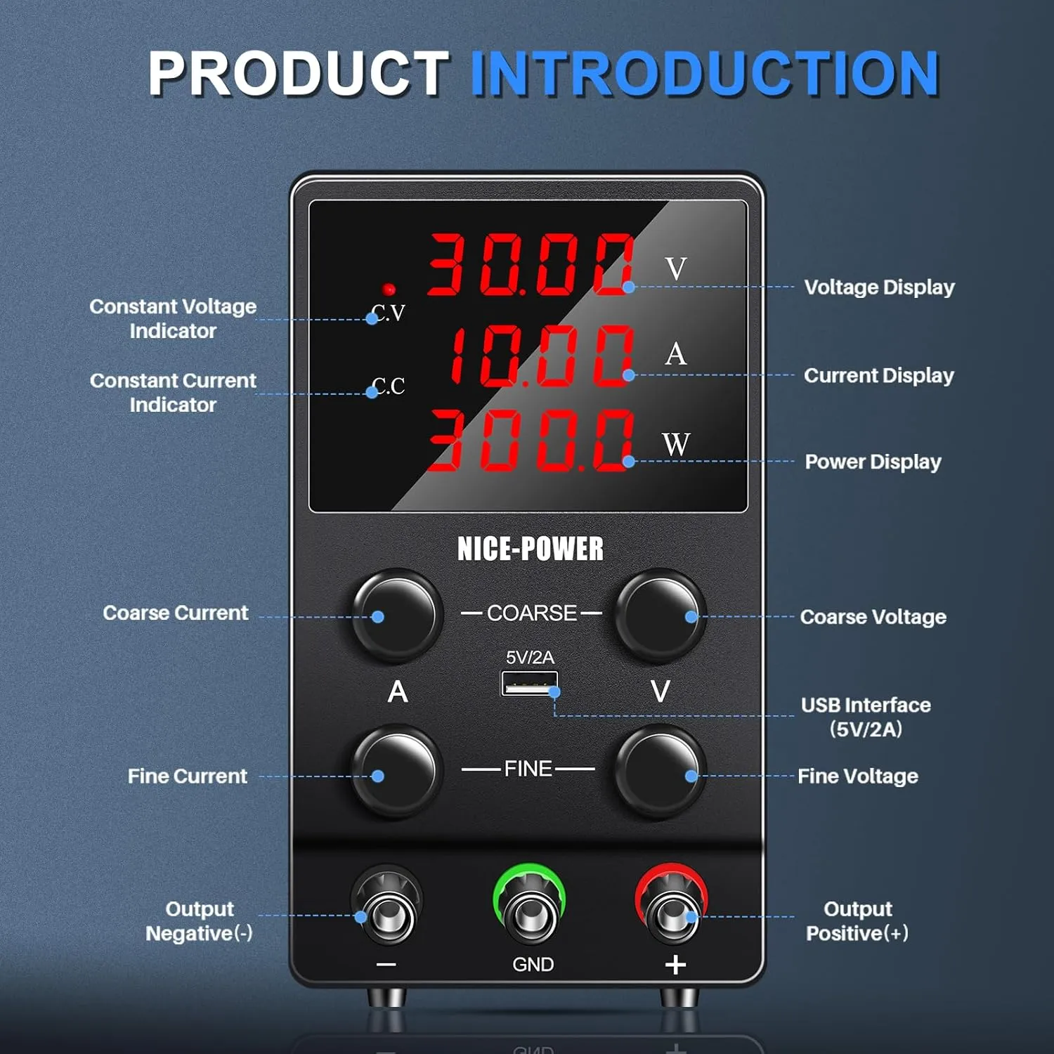 NICE-POWER DC Power Supply Variable: 30V 10A Adjustable Switching Regulated High Precision 4-Digits LED Display 5V/2A USB Port Test Lead Output & Input Power Cord Bench Lab Power Supplies