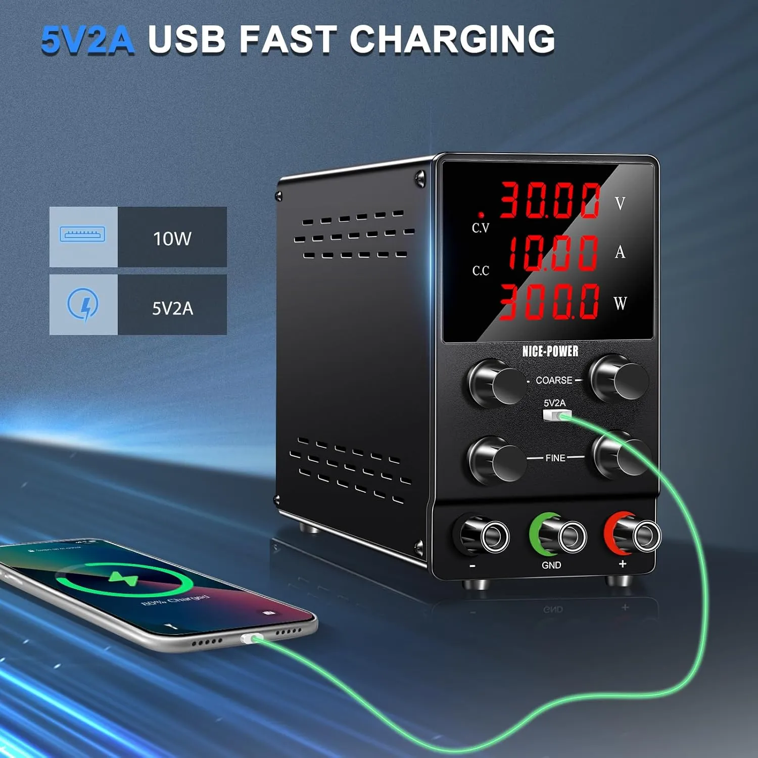 NICE-POWER DC Power Supply Variable: 30V 10A Adjustable Switching Regulated High Precision 4-Digits LED Display 5V/2A USB Port Test Lead Output & Input Power Cord Bench Lab Power Supplies