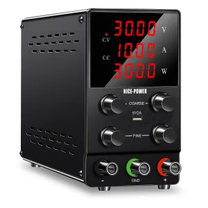 NICE-POWER DC Power Supply Variable: 30V 10A Adjustable Switching Regulated High Precision 4-Digits LED Display 5V/2A USB Port Test Lead Output & Input Power Cord Bench Lab Power Supplies