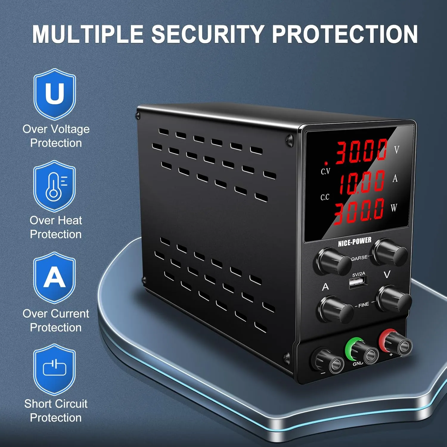 NICE-POWER DC Power Supply Variable: 30V 10A Adjustable Switching Regulated High Precision 4-Digits LED Display 5V/2A USB Port Test Lead Output & Input Power Cord Bench Lab Power Supplies