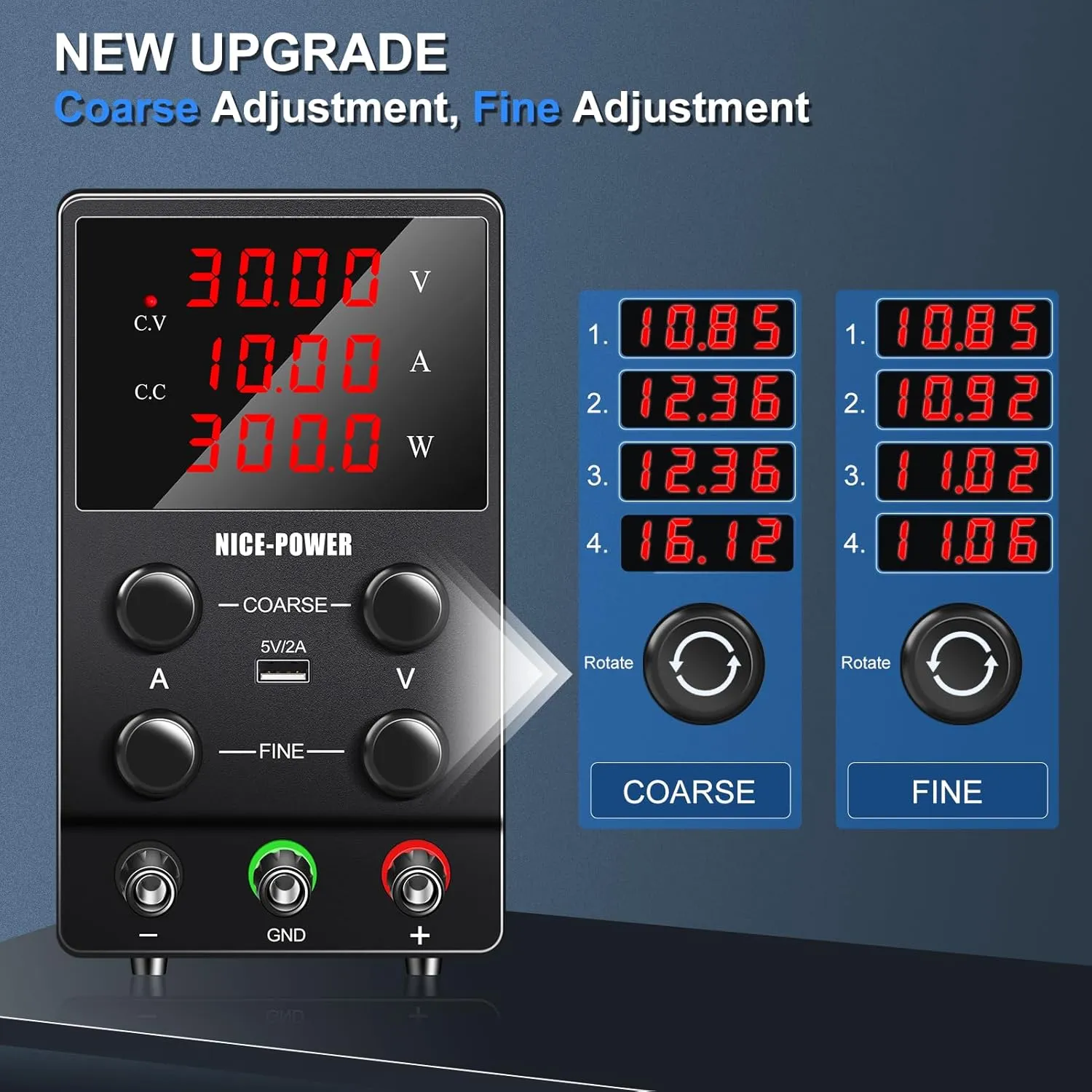 NICE-POWER DC Power Supply Variable: 30V 10A Adjustable Switching Regulated High Precision 4-Digits LED Display 5V/2A USB Port Test Lead Output & Input Power Cord Bench Lab Power Supplies