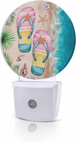 Night Lights Auto Sensor Slippers Night Light Summer Beach Starfish Round Lamp Plug-in LED Nightlights Dusk to Dawn for Living Room Bedroom Bathroom Hallway Home Wall Decor