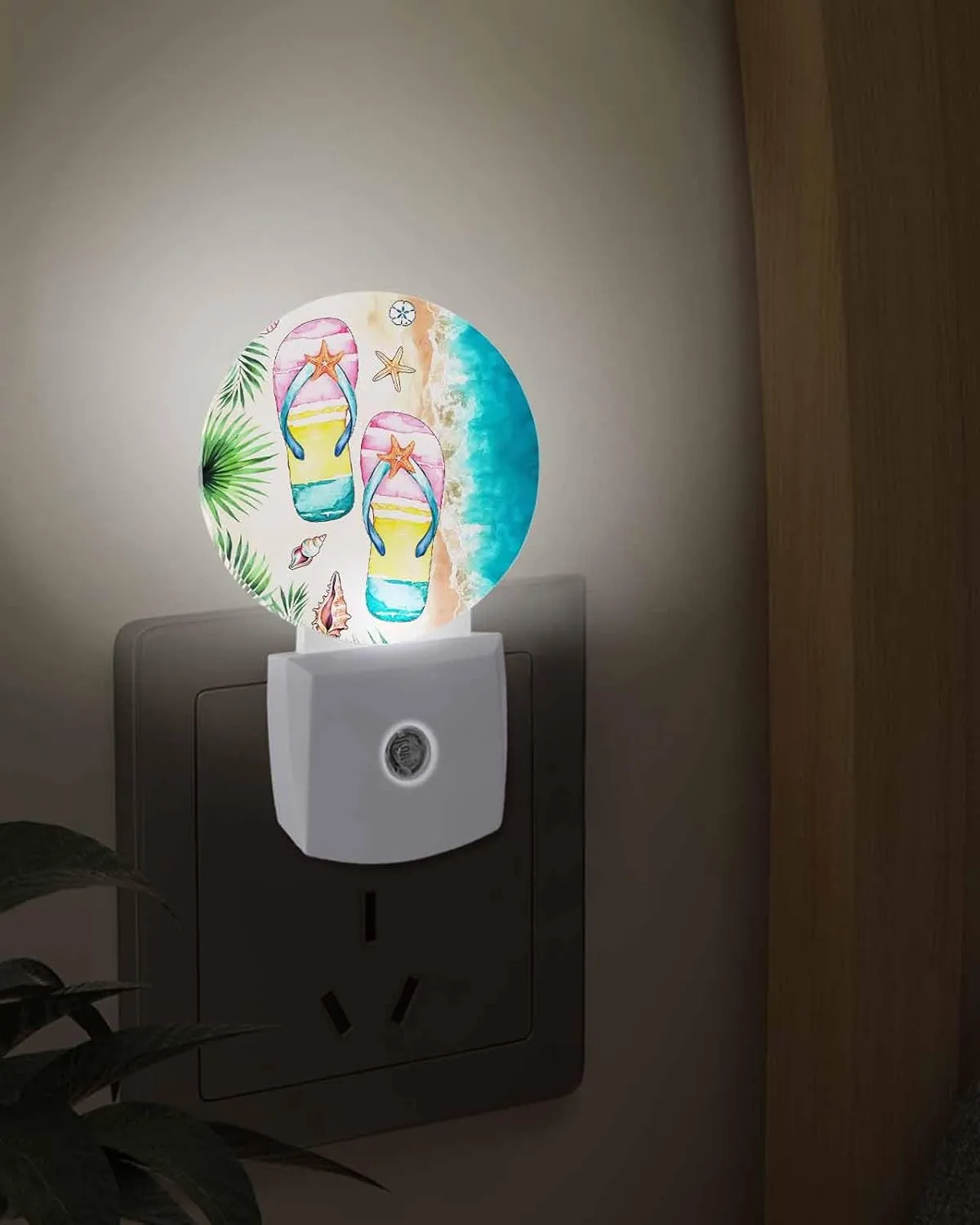 Night Lights Auto Sensor Slippers Night Light Summer Beach Starfish Round Lamp Plug-in LED Nightlights Dusk to Dawn for Living Room Bedroom Bathroom Hallway Home Wall Decor