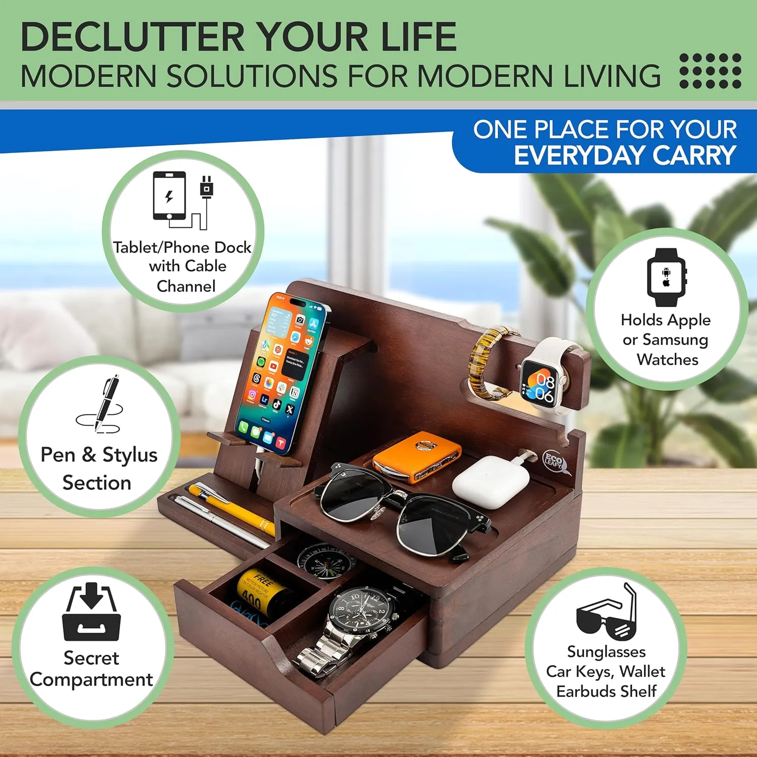 Nightstand Organizer - Bedside Docking Station for Men -Unique Gifts for Husband, Father or Dad from Wife, Son or Daughter -Desk Organizer for Phone, Watches, Wallet & Accessories (Brown)