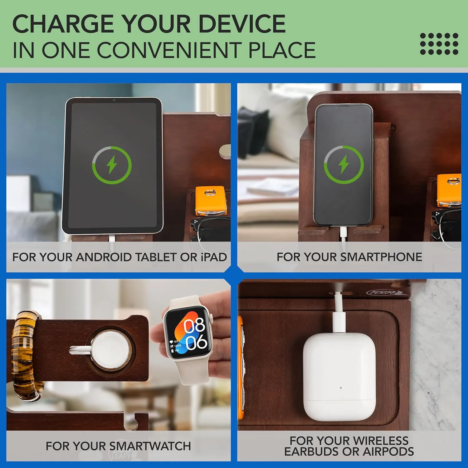 Nightstand Organizer - Bedside Docking Station for Men -Unique Gifts for Husband, Father or Dad from Wife, Son or Daughter -Desk Organizer for Phone, Watches, Wallet & Accessories (Brown)