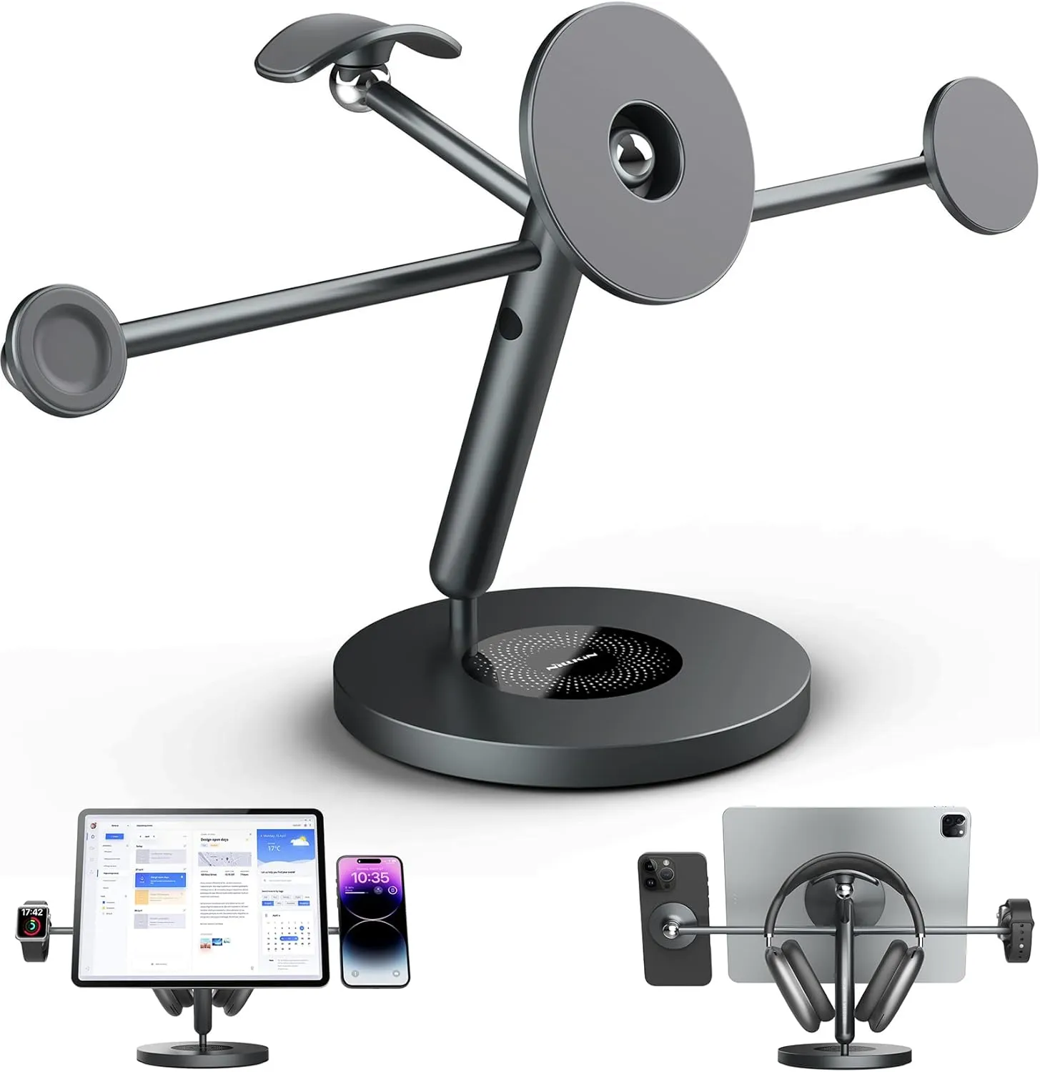 Nillkin Tablet Stand with MagSafe Ring, 4 in 1 Magnetic Stand for Tablet/Phone/Apple Watch/Headphone, 360º Rotating, DIY at Will, Aluminum Cell Phone Stand, Tablet Stand for Desk, Supports 5-13 inch