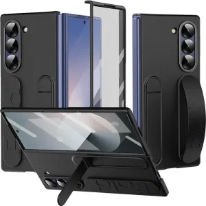 Ninki for Samsung Galaxy Z Fold Case with Strap & Kickstand, Shockproof Screen Protector for Galaxy Z Fold Phone, Slim Grip Case with Stand Black