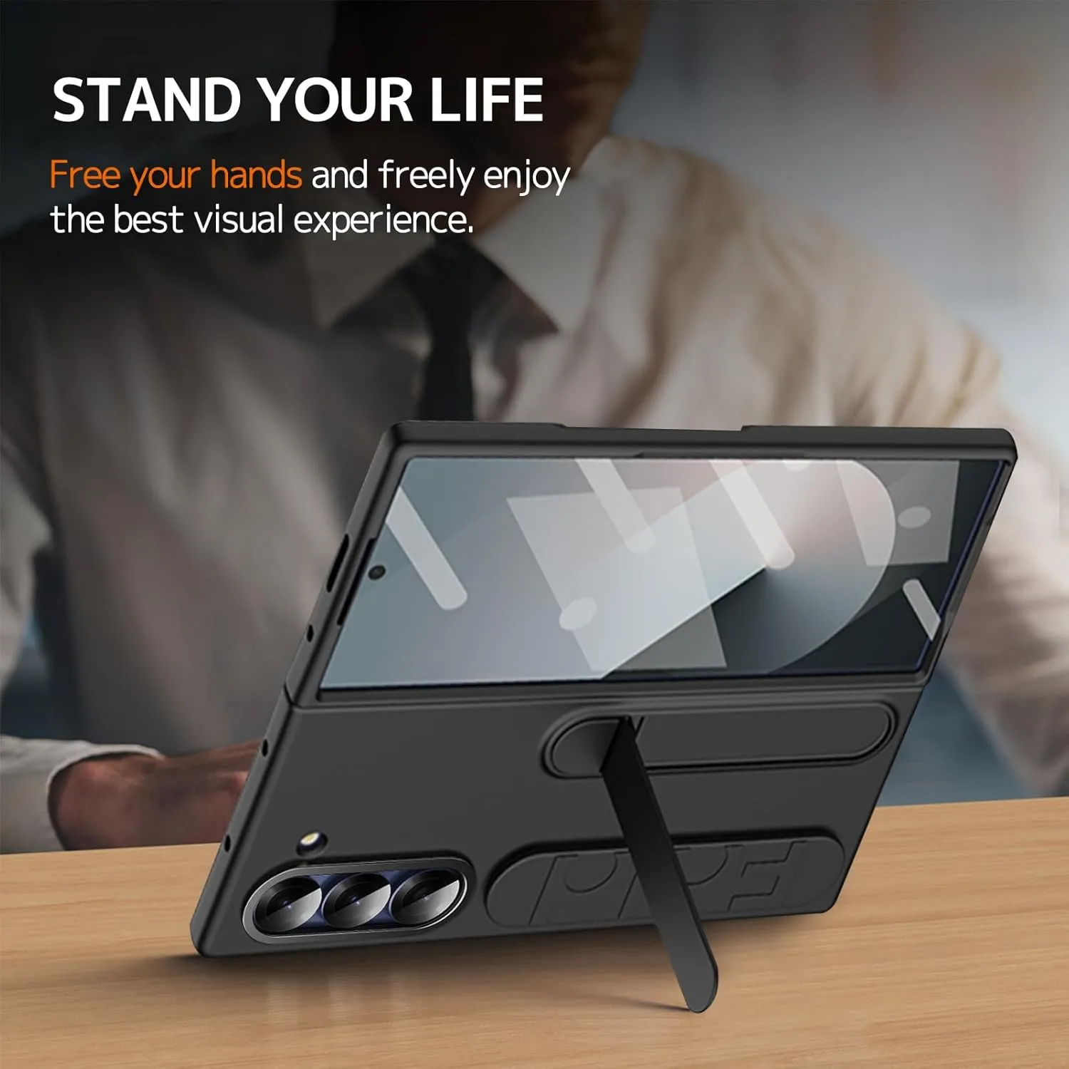 Ninki for Samsung Galaxy Z Fold Case with Strap & Kickstand, Shockproof Screen Protector for Galaxy Z Fold Phone, Slim Grip Case with Stand Black