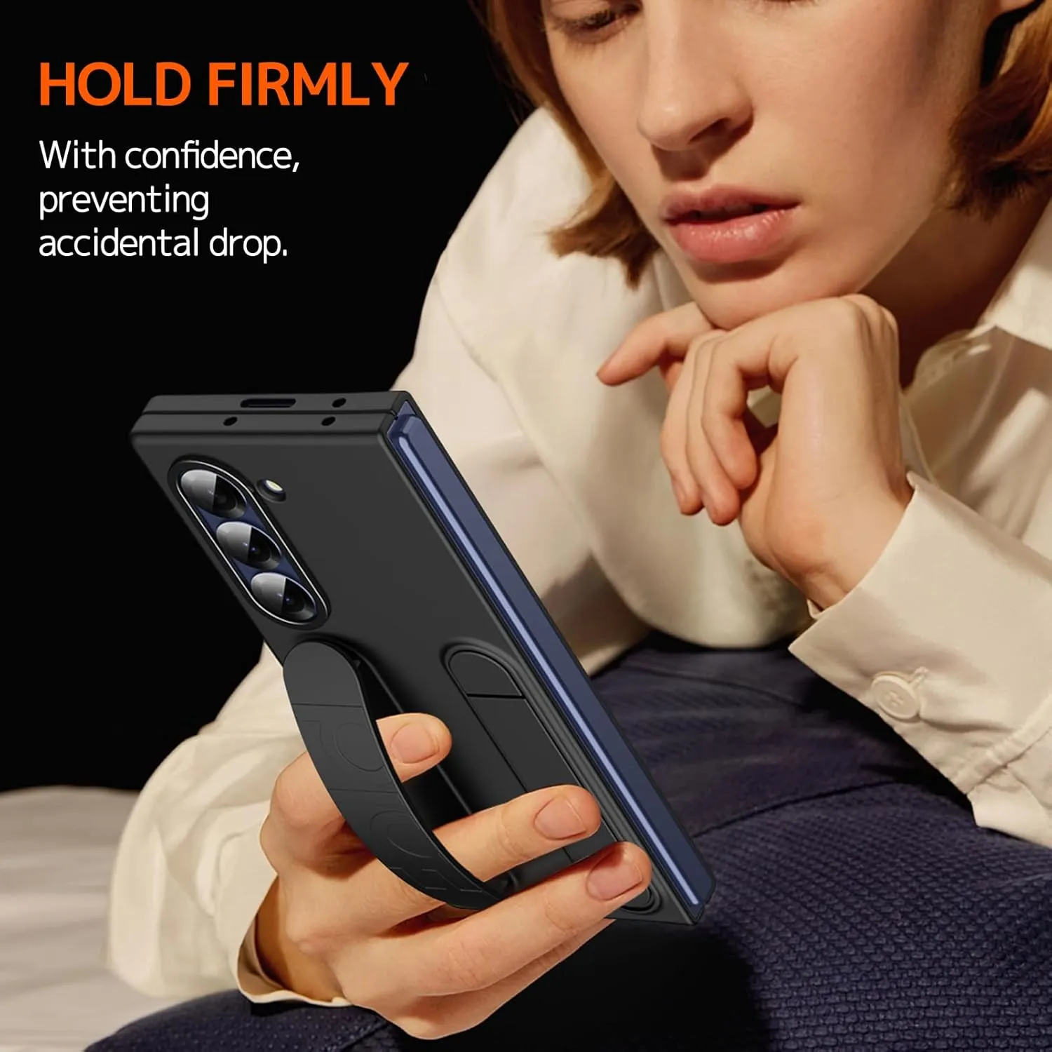 Ninki for Samsung Galaxy Z Fold Case with Strap & Kickstand, Shockproof Screen Protector for Galaxy Z Fold Phone, Slim Grip Case with Stand Black