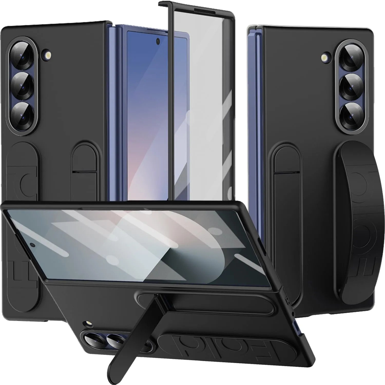 Ninki for Samsung Galaxy Z Fold Case with Strap & Kickstand, Shockproof Screen Protector for Galaxy Z Fold Phone, Slim Grip Case with Stand Black